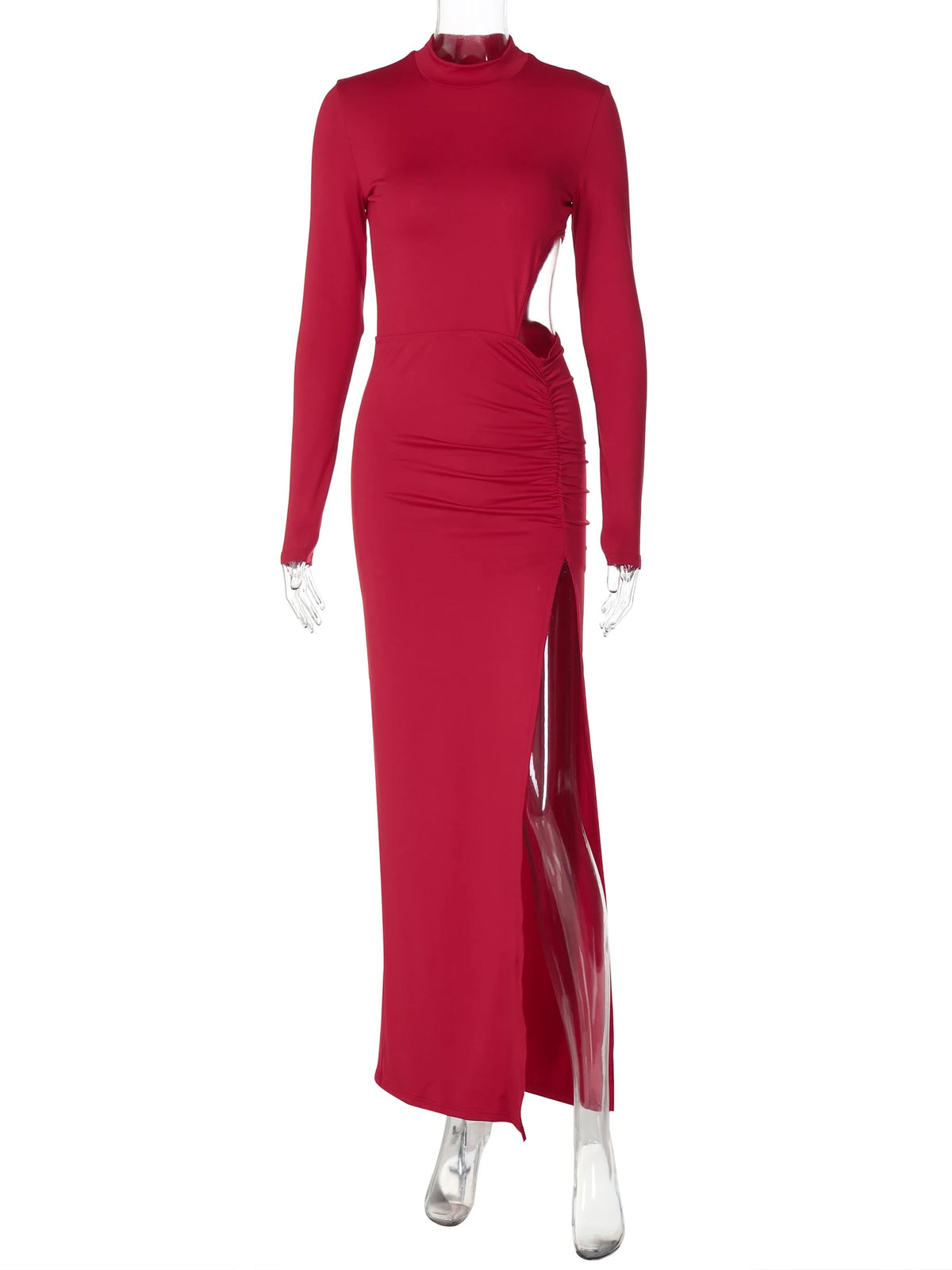 Elegant Long Sleeve Hollow Out Ruched Slit Sexy Slim Maxi Prom Dress Fall Winter Women Outfits Evening Party Birthday