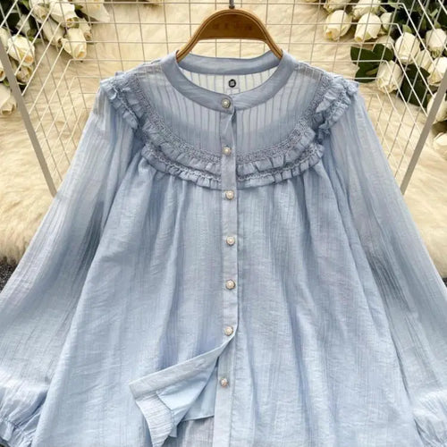 Load image into Gallery viewer, Vintage Sweet Solid Elegant Ruffle Edge Lace Tops Women Autumn New Round Neck Versatile Long Sleeved Single Breasted Shirt Trend
