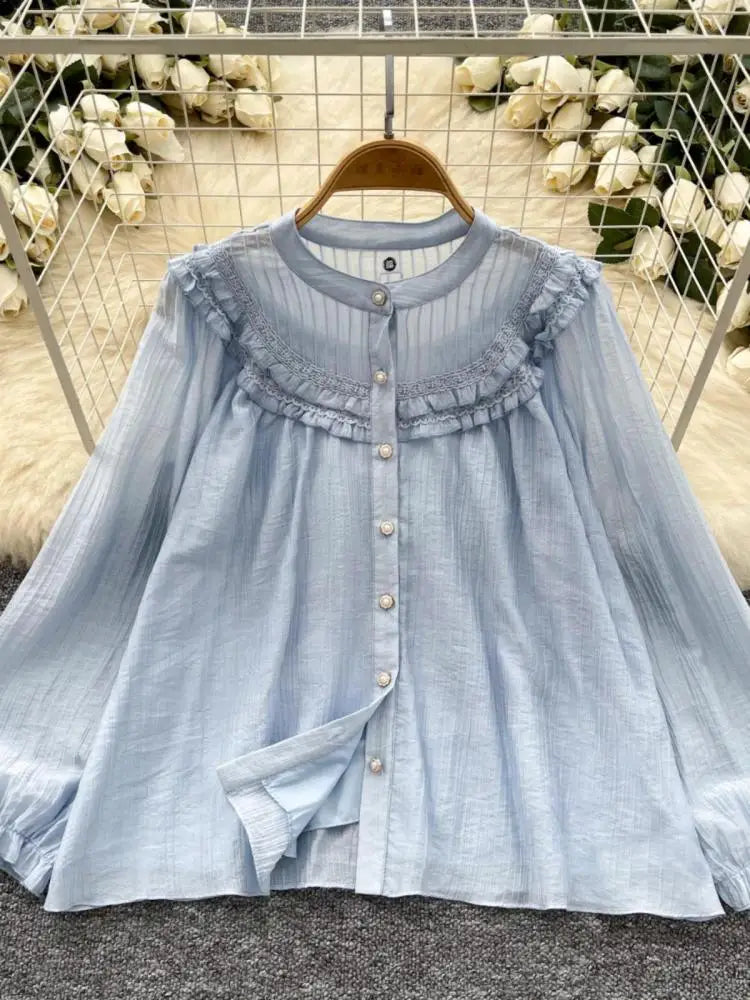 Vintage Sweet Solid Elegant Ruffle Edge Lace Tops Women Autumn New Round Neck Versatile Long Sleeved Single Breasted Shirt Trend