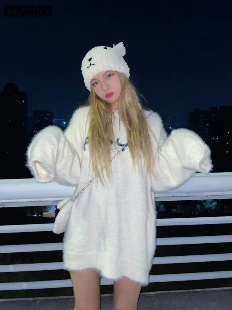 Autumn Winter Soft Mohair Pullover Women Caual Loose White Sweater Warm Knitting Y2k Aesthetic Sueter Mujer Streetwear