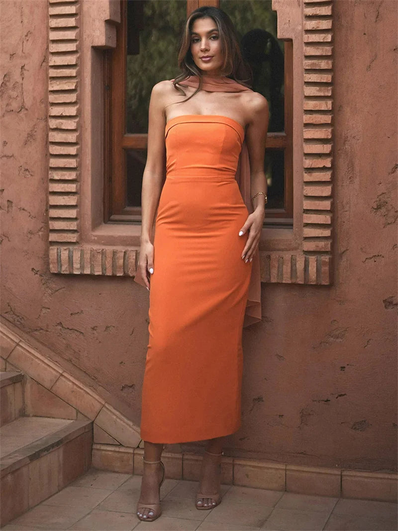 Scarf Collar Strapless Sexy Maxi Dress Women Gown Off-shoulder Sleeveless Backless Bodycon Club Party Long Dress 2025