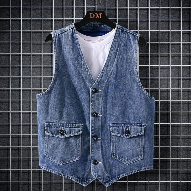 Men's Denim Vest Summer New Male Cargo Clothes Neckless Loose Jacket Trend Youth Coat Single Breasted Men Tide 9W1313