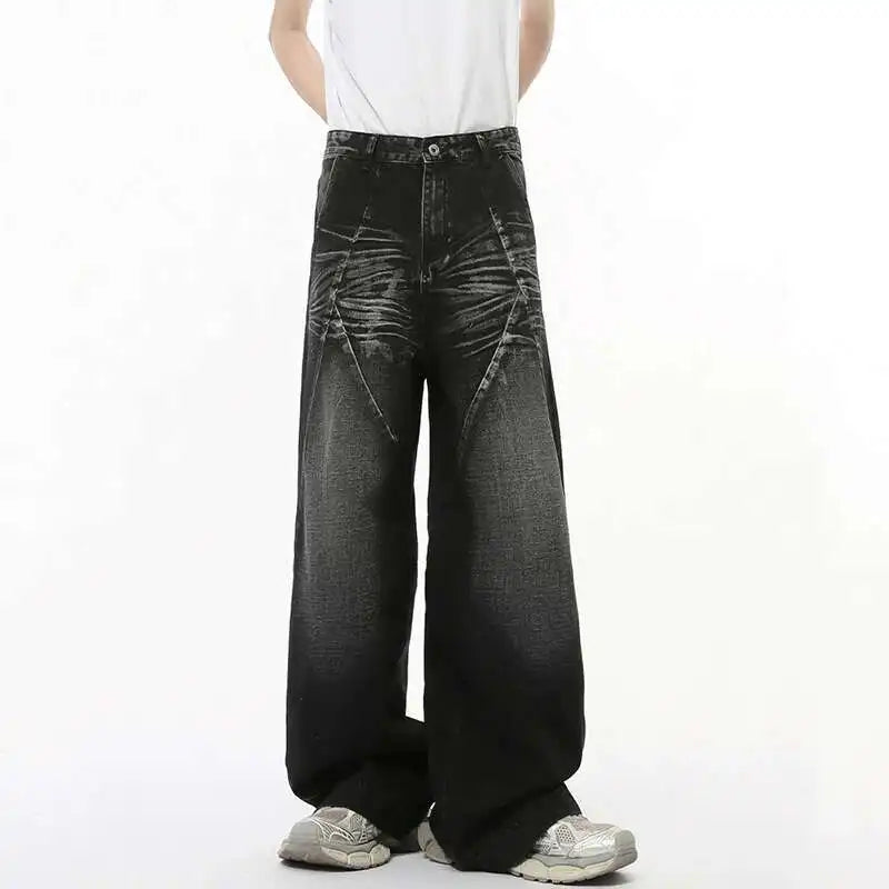 American Style Men's Denim Pants Washed Cat Whisker Three-dimensional Patchwork Straight Leg Streetwear Male Jeans 9C8202