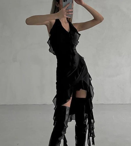 Sexy Mesh Ruffle Edge Short Skirt For Women Dress 2024 Summer New Vestidos Deep V-neck Pleated Irregular Bodycon Dress