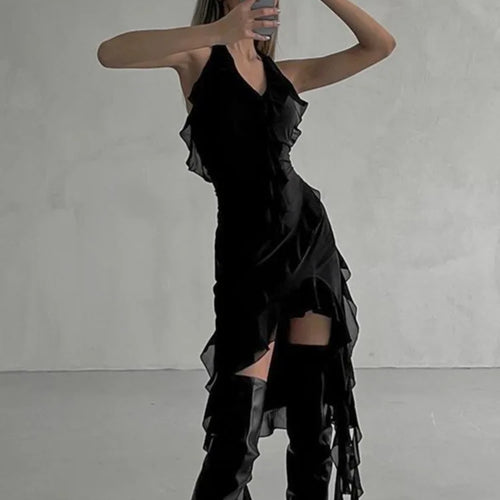 Load image into Gallery viewer, Sexy Mesh Ruffle Edge Short Skirt For Women Dress 2024 Summer New Vestidos Deep V-neck Pleated Irregular Bodycon Dress
