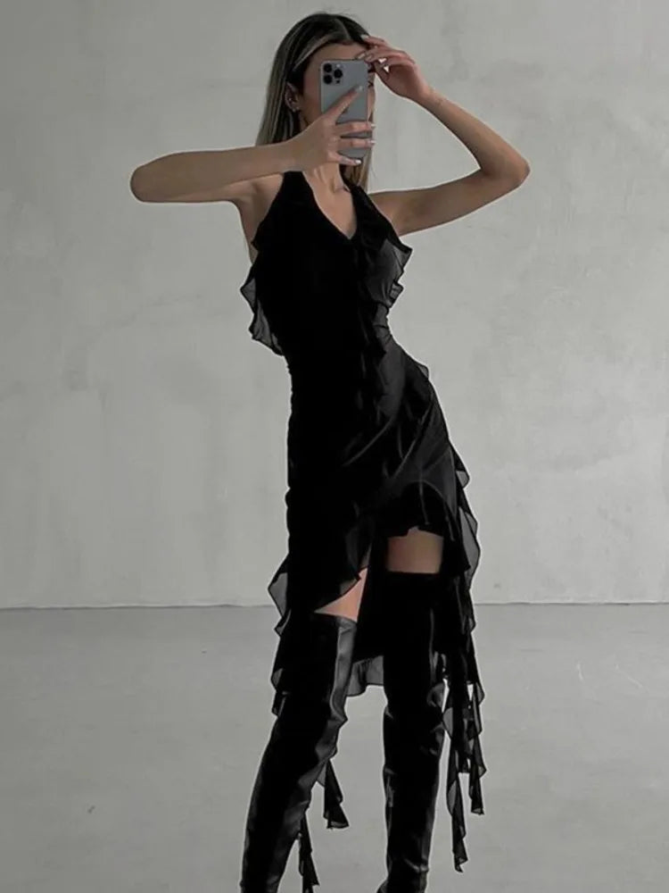 Sexy Mesh Ruffle Edge Short Skirt For Women Dress 2024 Summer New Vestidos Deep V-neck Pleated Irregular Bodycon Dress