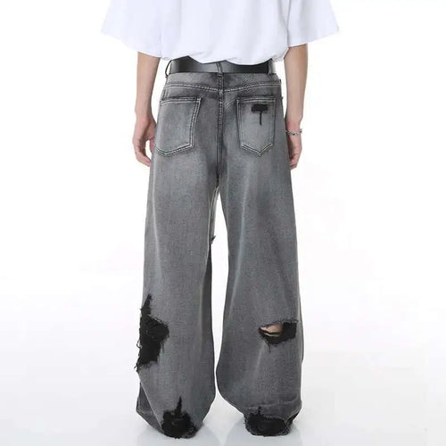 Load image into Gallery viewer, High Street Male Jeans Hole Worn-out Bagger Men's Wide Leg Denim Pants Hip Hop Summer New Fashion Men Clothing 9W194
