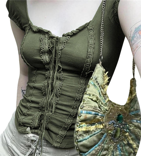 E Girl y2k Top Women Aesthetic Lace Trim Tie Front V Neck Short Sleeve T Shirt 2000s Style Clothes Vintage Streetwear