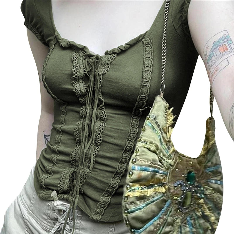 E Girl y2k Top Women Aesthetic Lace Trim Tie Front V Neck Short Sleeve T Shirt 2000s Style Clothes Vintage Streetwear