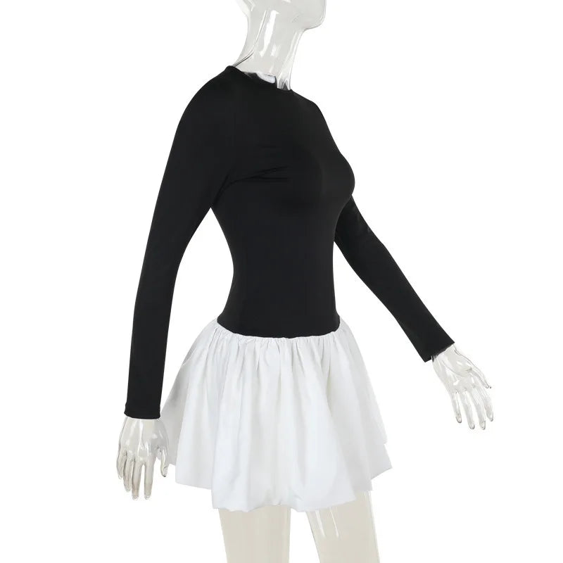 Patchwork Sexy Mini Dress For Women Autumn New Contrasting Color O Neck Long Sleeve High Waist A-line Sexy Dress