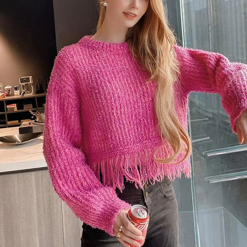 Load image into Gallery viewer, Y2K 90s Irregualr Tassels Sweater Females Round Neck Long Sleeve Korean Fashion Pullover Jumper 2023 New Fashion Clothes C-060
