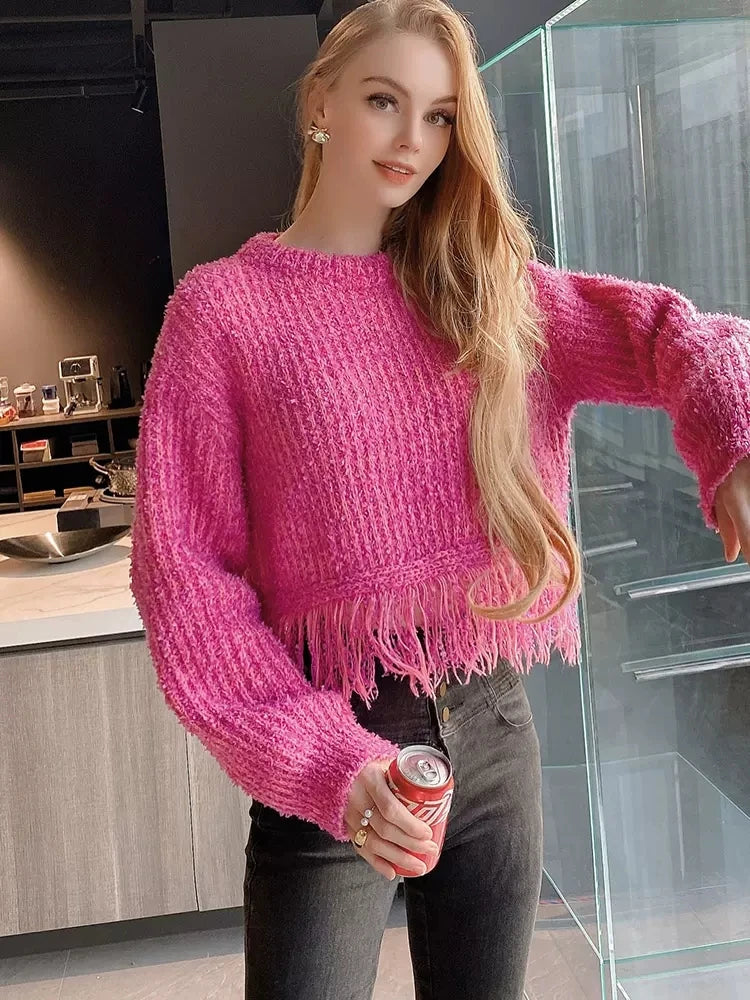 Y2K 90s Irregualr Tassels Sweater Females Round Neck Long Sleeve Korean Fashion Pullover Jumper 2023 New Fashion Clothes C-060