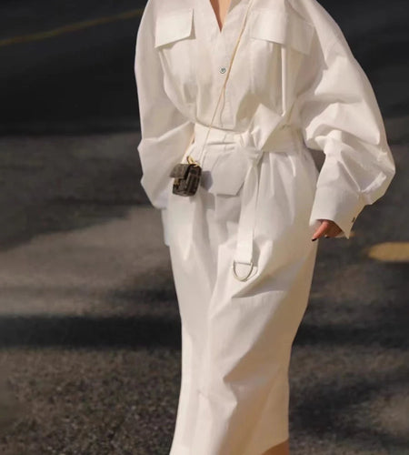 Solid Sheer Spliced Lace Up Casual Dresses for Women V Neck Long Sleeves Patchwork Pockets Fashion Dress Female New