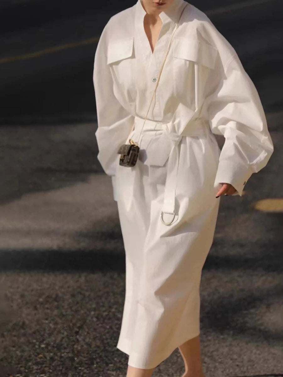 Solid Sheer Spliced Lace Up Casual Dresses for Women V Neck Long Sleeves Patchwork Pockets Fashion Dress Female New