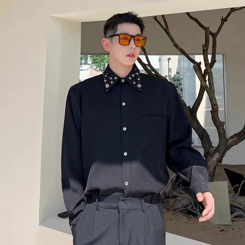 Korean Male Long Sleeve Shirts New Multi Metal Buckle Niche Design Turn-down Collar Stylish Menwear Spring Clothing 9W1401