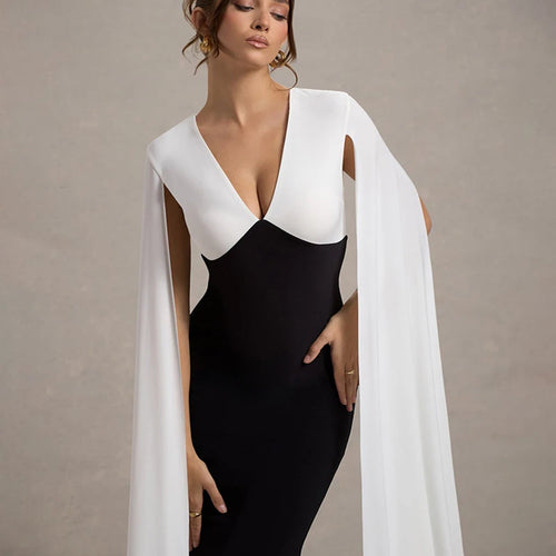 Load image into Gallery viewer, Cape Sleeve V Neck Sexy Maxi Dress For Women White Black Patchwork Backless Bodycon Evening Sexy Long Dress Elegant
