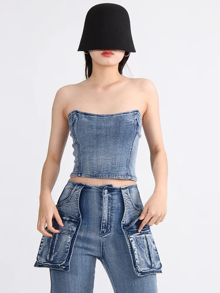 Denim Solid Tank Tops For Women Strapless Sleeveless Slim Backless Spliced Zipper Vest Female Fashion Clothing
