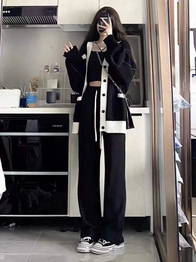 Harajuku Patchwork Simple Cardigan Women Loose V-neck Pocket Streetwear Knitted Female Cardigans Coat Y2k Aesthetic 2025 Autumn