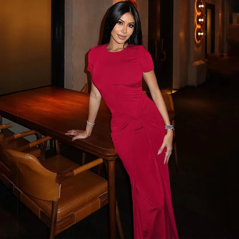 Short Sleeve Ruched Sexy Maxi Dress For Women Fashion Summer New Solid High Waist Slim Fit Elegant Long Dress Vestido