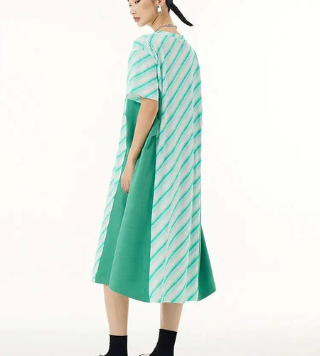 Women Purple Striped Color-block Big Size Dress New Round Neck Short Sleeve Fashion Tide Spring Summer 2025 1DH5420