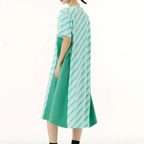 Load image into Gallery viewer, Women Purple Striped Color-block Big Size Dress New Round Neck Short Sleeve Fashion Tide Spring Summer 2025 1DH5420
