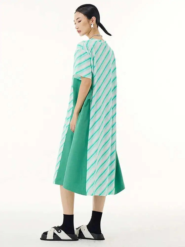 Women Purple Striped Color-block Big Size Dress New Round Neck Short Sleeve Fashion Tide Spring Summer 2025 1DH5420