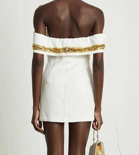 Patchwork Sequines Slimming Mini Dresses For Women Slash Neck Shoulder Cuff High Waist Temperament Dress Female New