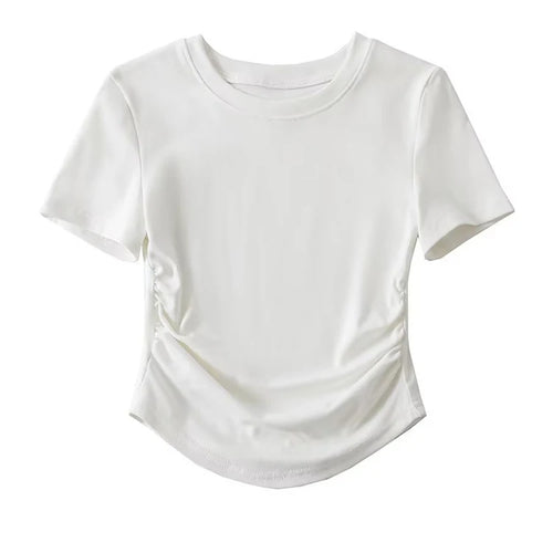 Load image into Gallery viewer, 2024 Harajuku Women Crew Neck Short Sleeve Cotton Tee With Ruched Sides Detail T-shirts
