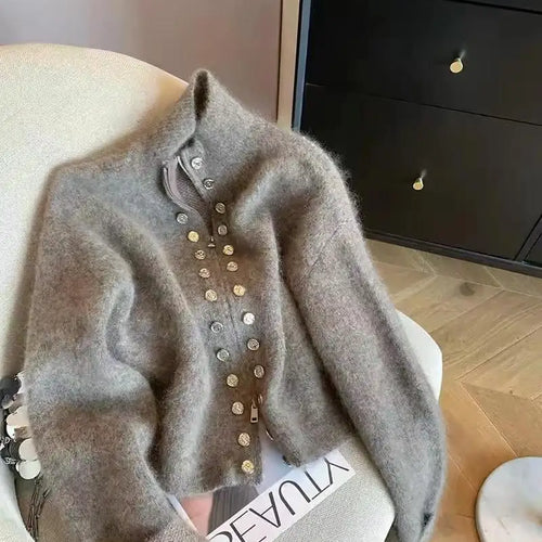 Load image into Gallery viewer, Vintage 2024 New Grey Elegant Double Breasted Stand Collar Zipper Knitted Sweater Women Autumn Winter Long Sleeve Cardigan Tops
