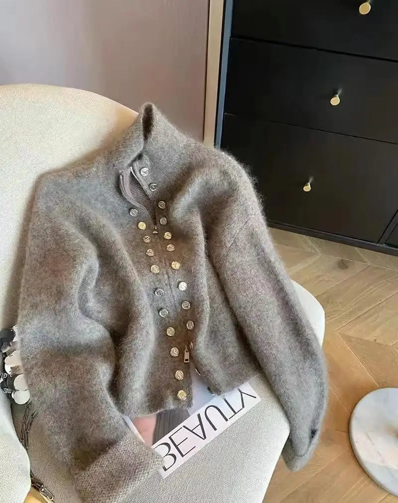 Vintage 2024 New Grey Elegant Double Breasted Stand Collar Zipper Knitted Sweater Women Autumn Winter Long Sleeve Cardigan Tops