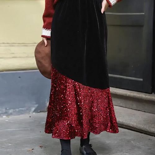 Load image into Gallery viewer, Autumn Winter French Vintage Sequin Patchwork Velvet Fishtail Long Skirts Women's 2024 Elegant High Waist Festival Skirt Street
