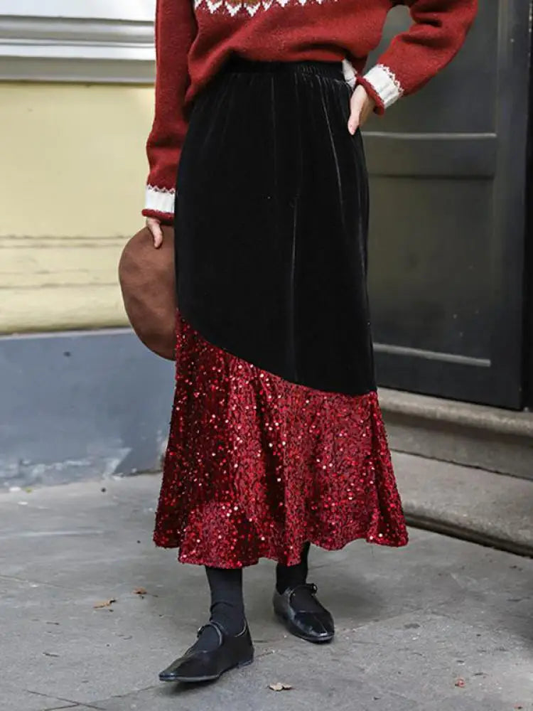 Autumn Winter French Vintage Sequin Patchwork Velvet Fishtail Long Skirts Women's 2024 Elegant High Waist Festival Skirt Street