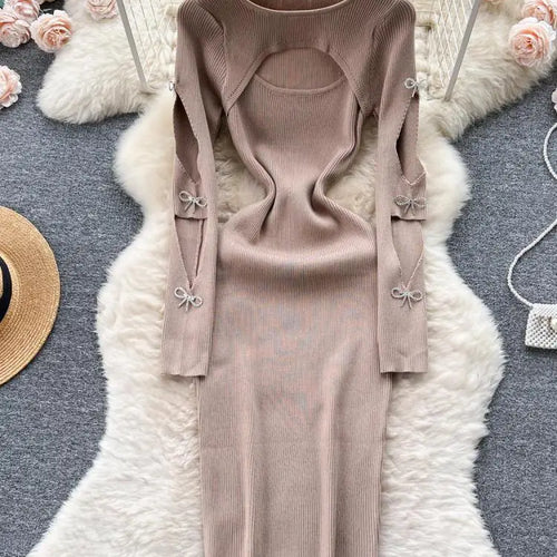 Load image into Gallery viewer, Women Retro Chic Elegant Bow Hollow Long Sleeve Bodycon Dress Sexy Fashion Knit Slim Hip Wrap Sweater Dress Vestidos Autumn New
