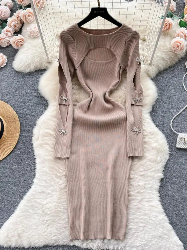Women Retro Chic Elegant Bow Hollow Long Sleeve Bodycon Dress Sexy Fashion Knit Slim Hip Wrap Sweater Dress Vestidos Autumn New