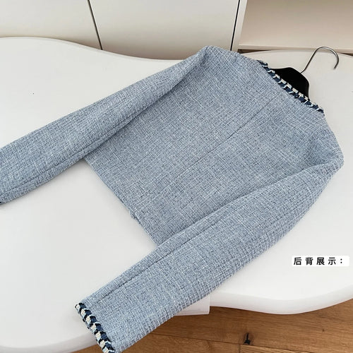 Load image into Gallery viewer, Autumn Winter New Women's Blue Patchwork Woolen Round Neck Long Sleeve Jacket French Temperament Single Breasted Short Tops Coat
