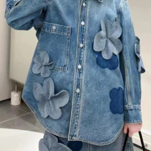 Load image into Gallery viewer, Solid Spliced Appliques Loose Demin Blouse For Women Lapel Long Sleeve Patchwork Button Temperament Shirts Female
