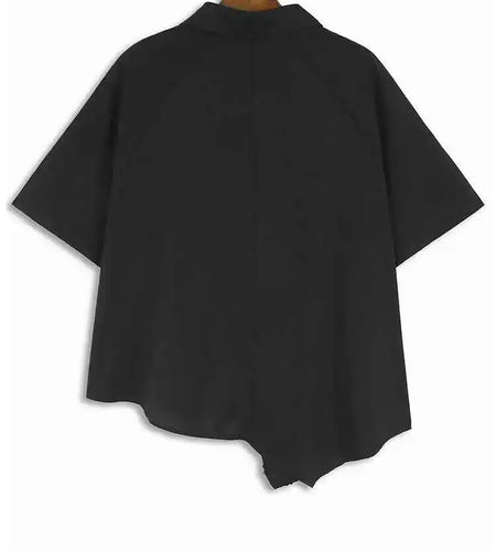 Women Black Irregular Hem Burr Big Size Blouse New Lapel Short Sleeve Shirt Fashion Tide Spring Summer 2025 1DH6182