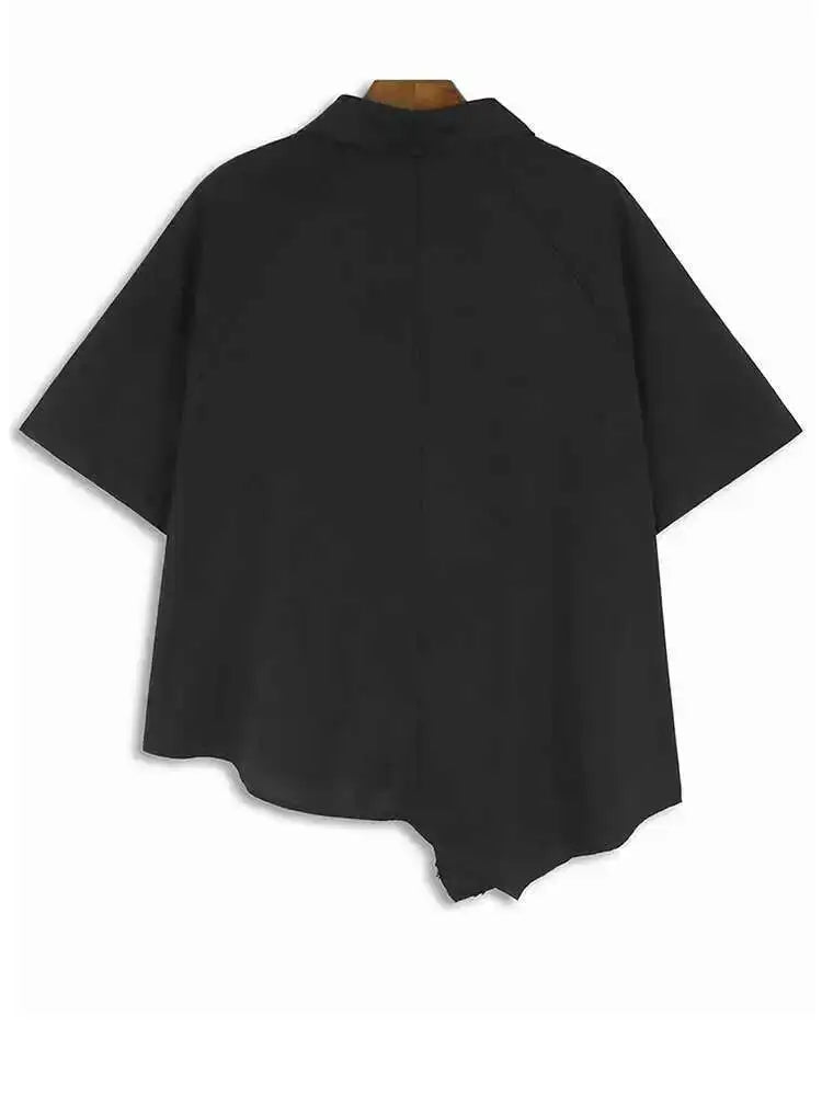 Women Black Irregular Hem Burr Big Size Blouse New Lapel Short Sleeve Shirt Fashion Tide Spring Summer 2025 1DH6182
