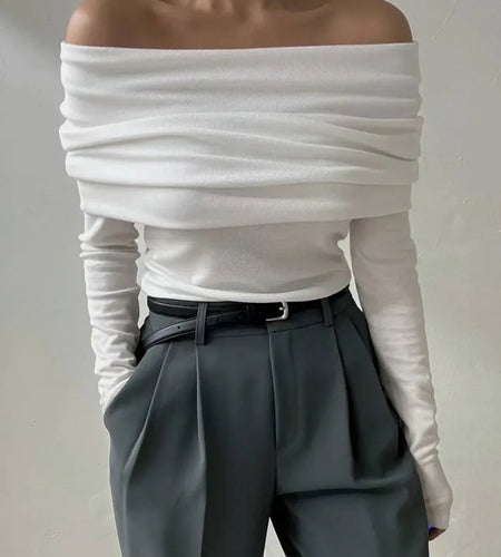 Elegant Knitted Long Sleeve Sweater High Elasticity Slim Top For Women 2025 New Winter Sexy One Shoulder Tight Sweater