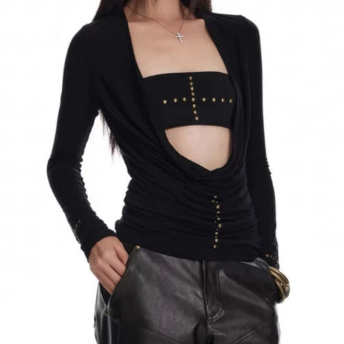 Load image into Gallery viewer, Two Pieces Set Punk Cross Rivets Sexy Women Strapless + Slim Harajuku Vintage Solid Knitted T-Shirt Y2k Aesthetic Fashion Outfit
