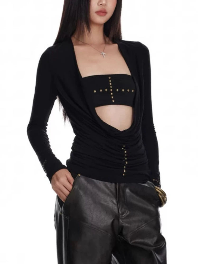 Two Pieces Set Punk Cross Rivets Sexy Women Strapless + Slim Harajuku Vintage Solid Knitted T-Shirt Y2k Aesthetic Fashion Outfit