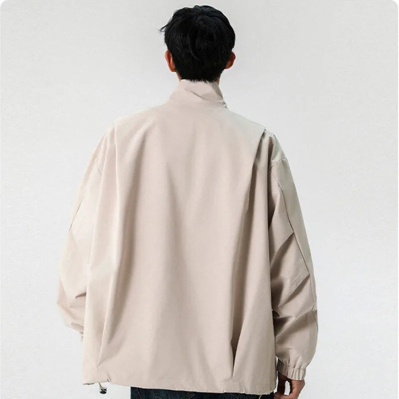 Korean Style Men's Jackets Casual Stand Collar Solid Color Fashion Pleated Design Outdoor Loose Male Coats Spring 9W1234