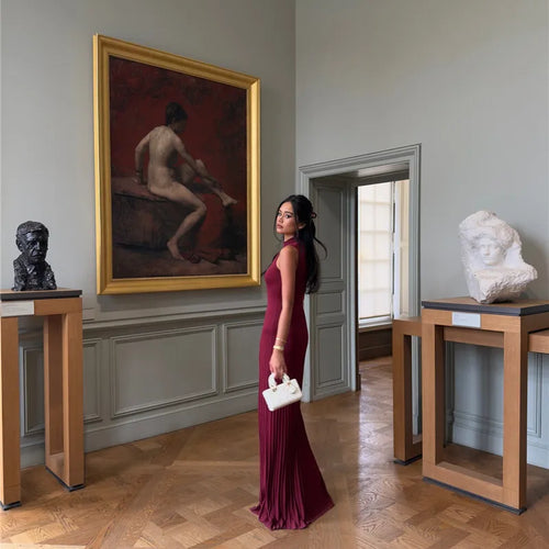 Load image into Gallery viewer, Half High Collar Sleeveless Knit Maxi Dress For Women Fashion Solid Bodycon Sexy Pleated Long Knitted Sweater Dress
