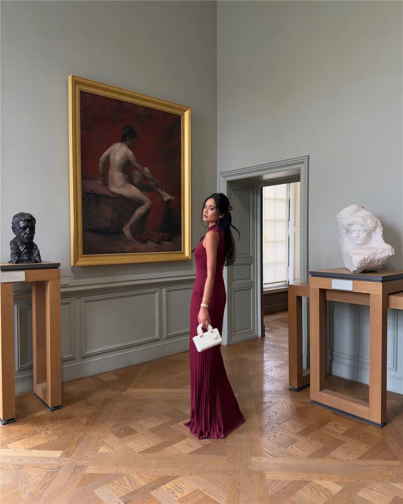 Half High Collar Sleeveless Knit Maxi Dress For Women Fashion Solid Bodycon Sexy Pleated Long Knitted Sweater Dress