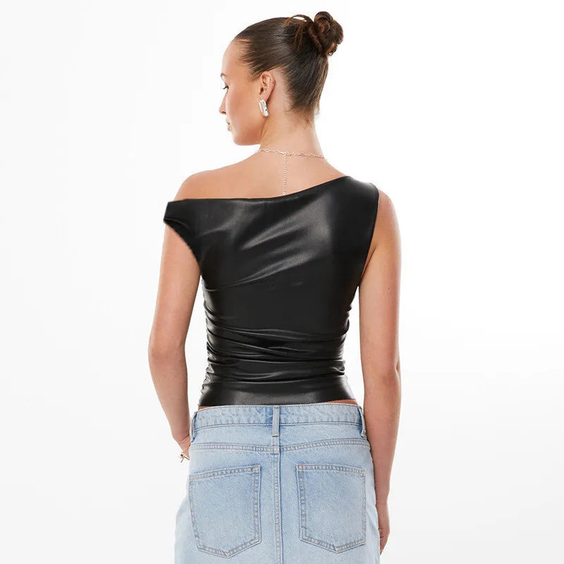 Ruched PU Leather Sexy Tank Tops For Women Fashion Oblique Shoulder Sleeveless Backless Skinny Crop Tops Elegant