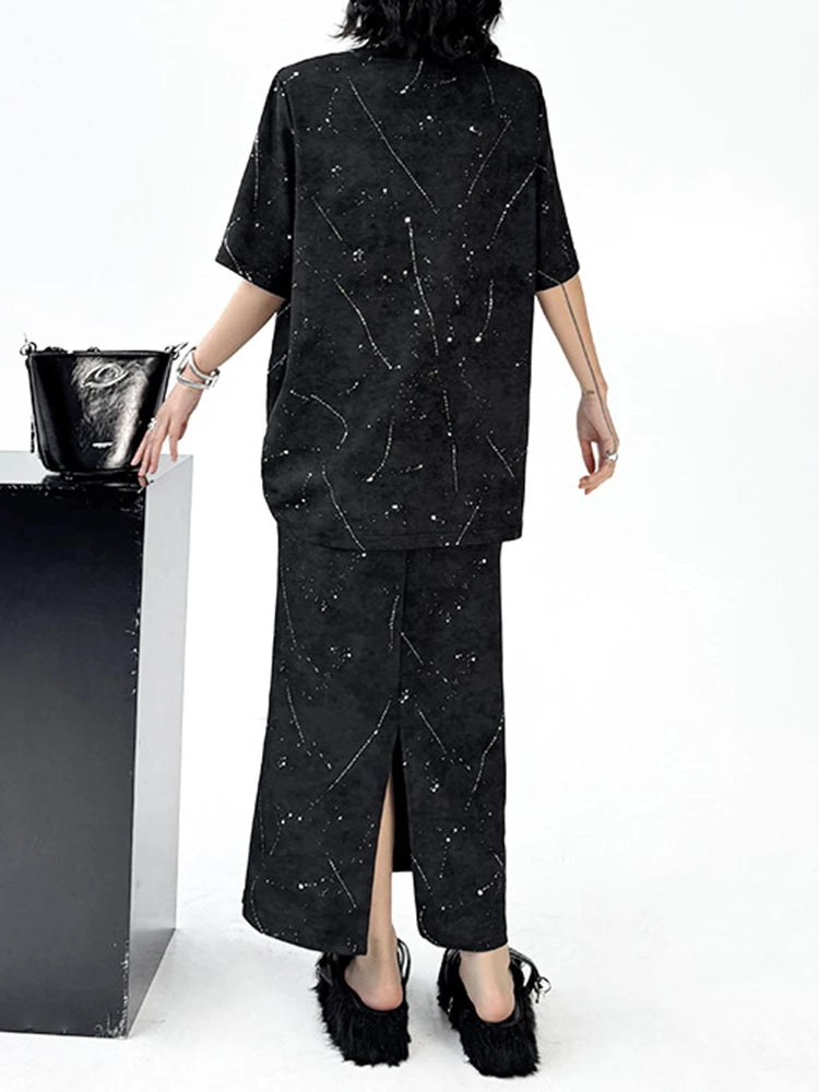 Printed Pleated T-shirt Skirt Two Pieces Suit New Round Neck Short Sleeve Women Fashion Tide Spring Summer 2025 1DJ1161