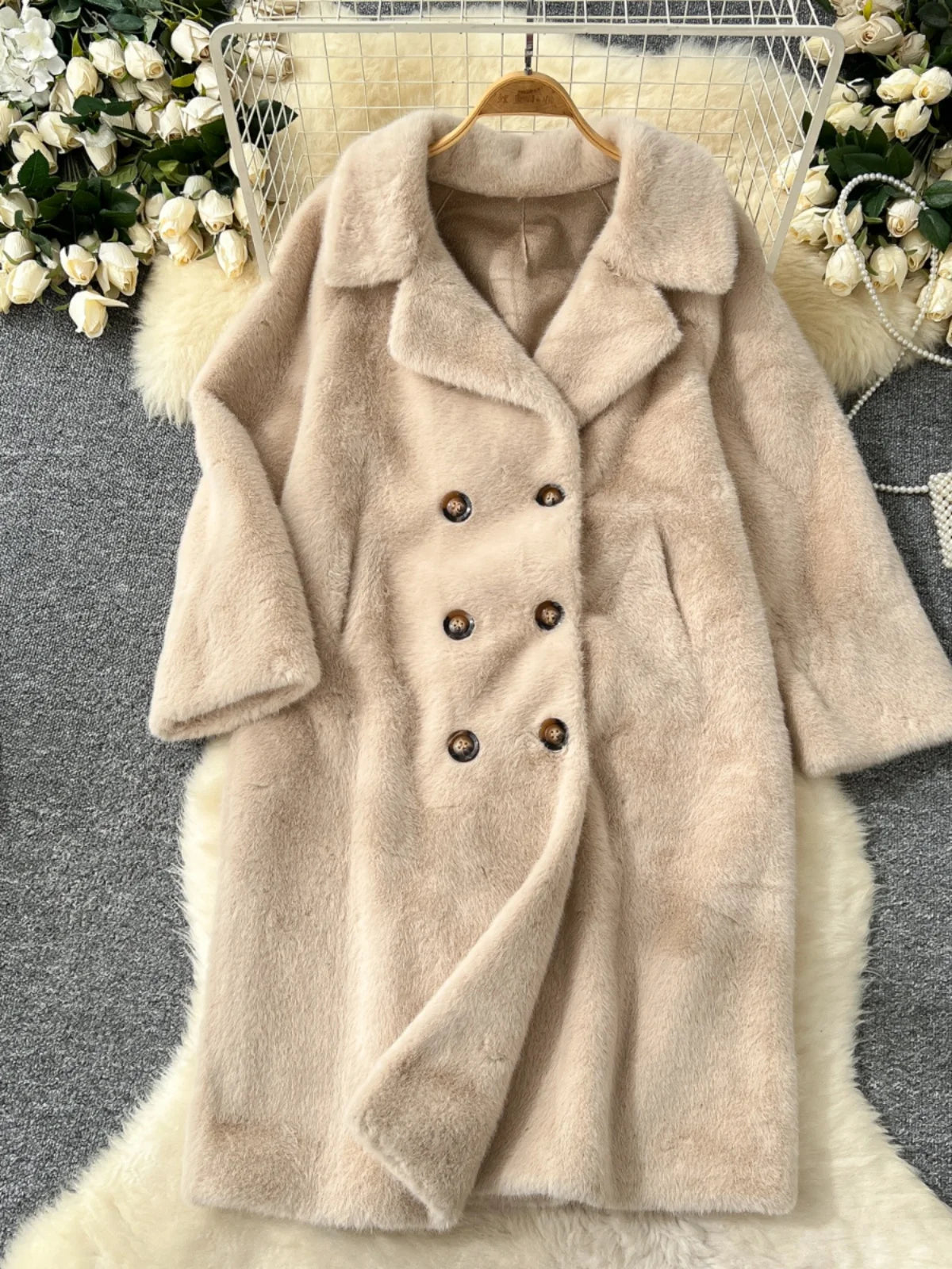 Korean Fashion 2024 Winter Solid Elegant Double-breasted Warm Imitation Mink Fur Coat Women Office Lady Thick Loose Long Jacket