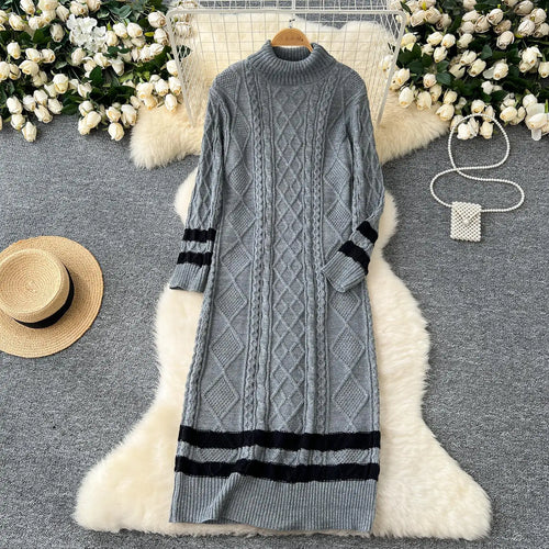 Load image into Gallery viewer, Autumn Winter Patchwork Elegant High Neck Knit Dress Women Korean Fashion Long Sleeves Slim 2024 New Loose Sweater Dresses Trend
