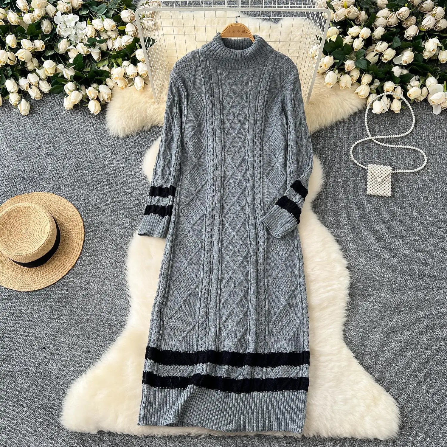 Autumn Winter Patchwork Elegant High Neck Knit Dress Women Korean Fashion Long Sleeves Slim 2024 New Loose Sweater Dresses Trend