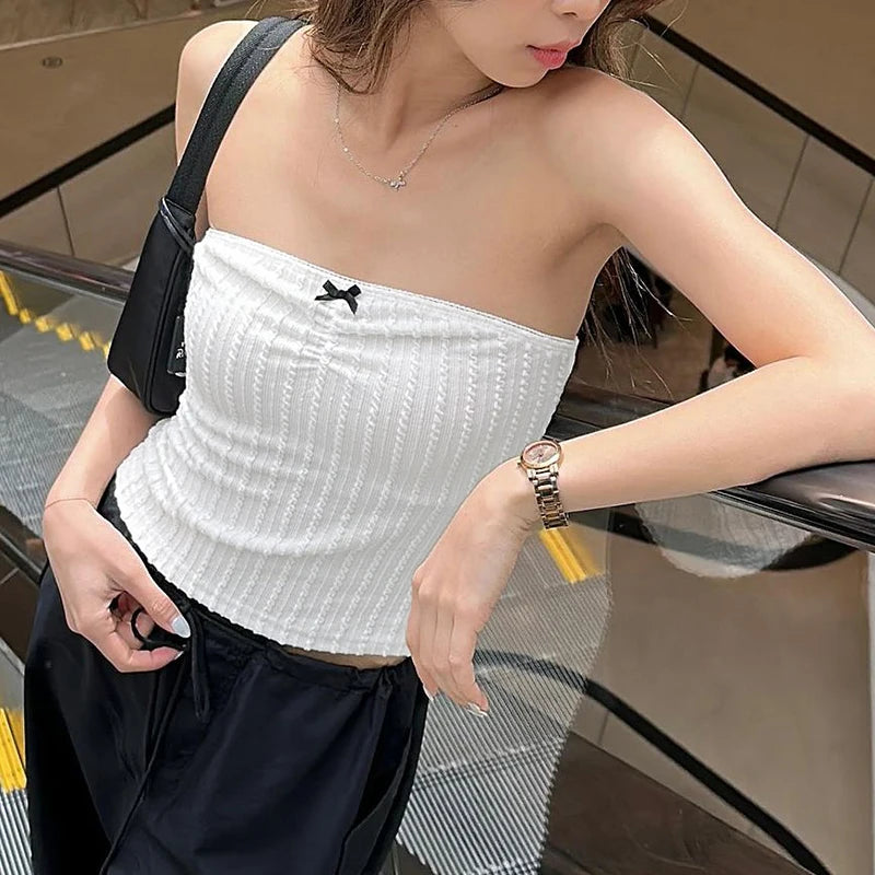 Korean Sweet White Y2K Tube Top Women Short Strapless Twisted Bow Harajuku Y2K Aesthetic Summer Tank Tops Bandeau New